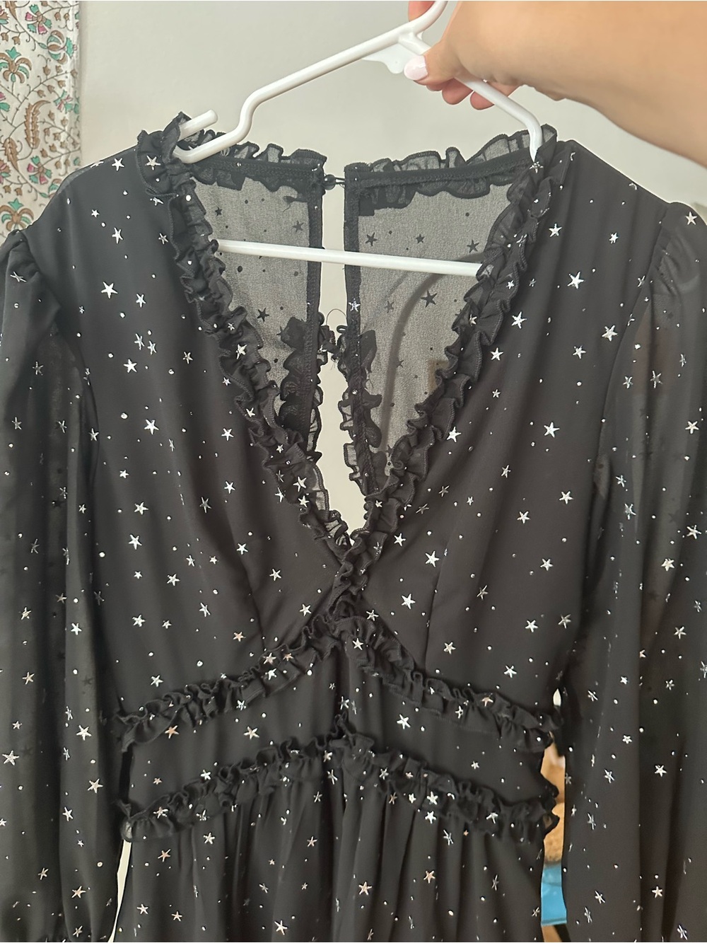 Black Star Print Ruffle V-Neck Mini Dress